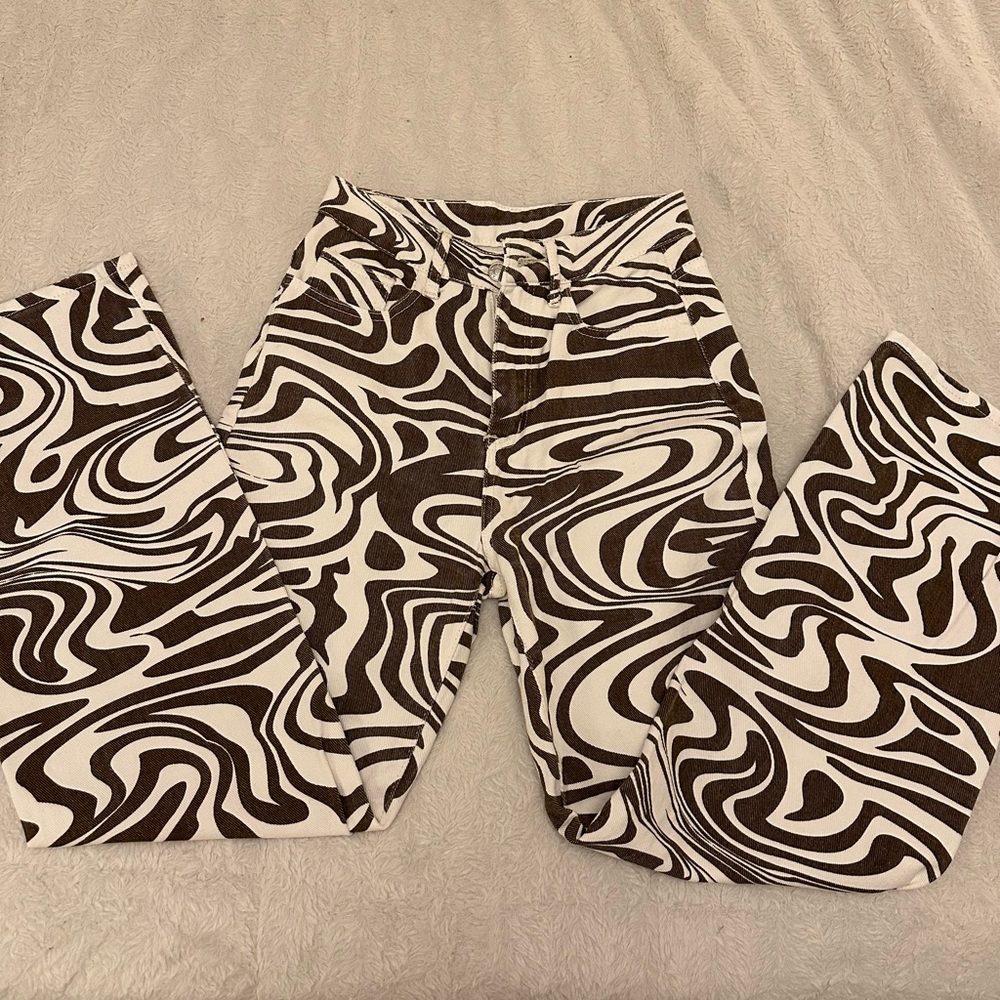 Funky vintage white and brown swirly denim pants
